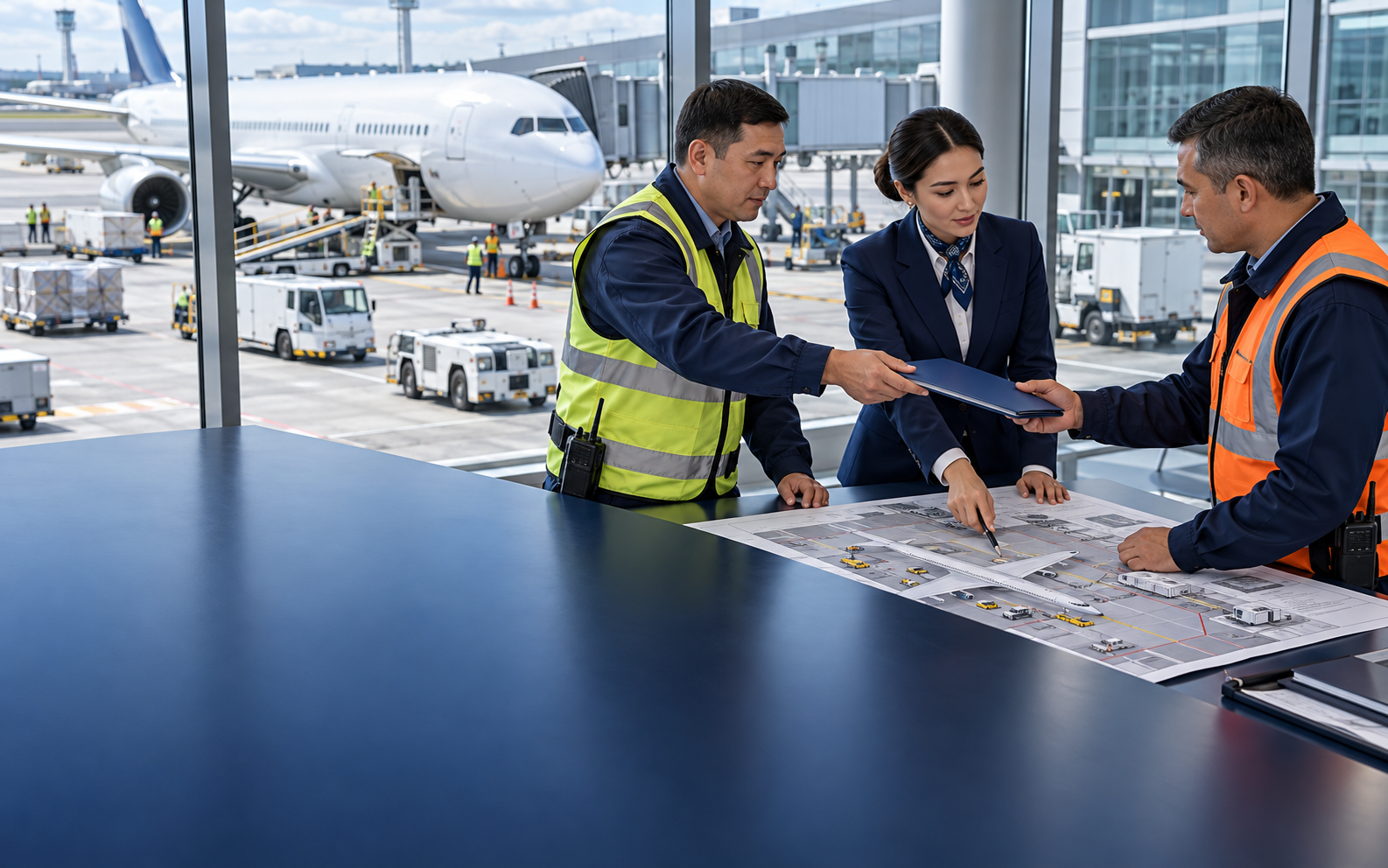 Airline and provider representatives coordinating a handover at an airport terminal.