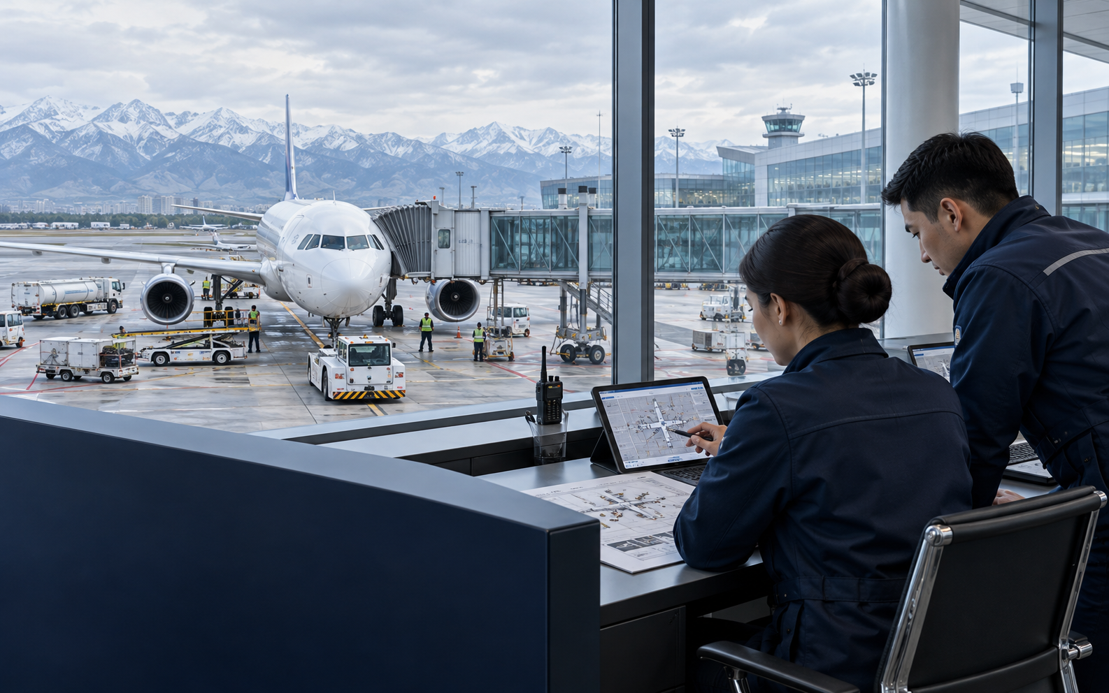 Station teams preparing local arrangements beside an aircraft at the terminal.