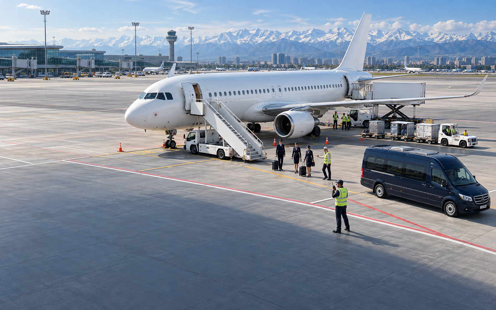 A charter aircraft with boarding stairs, ground services and crew transport on the apron.